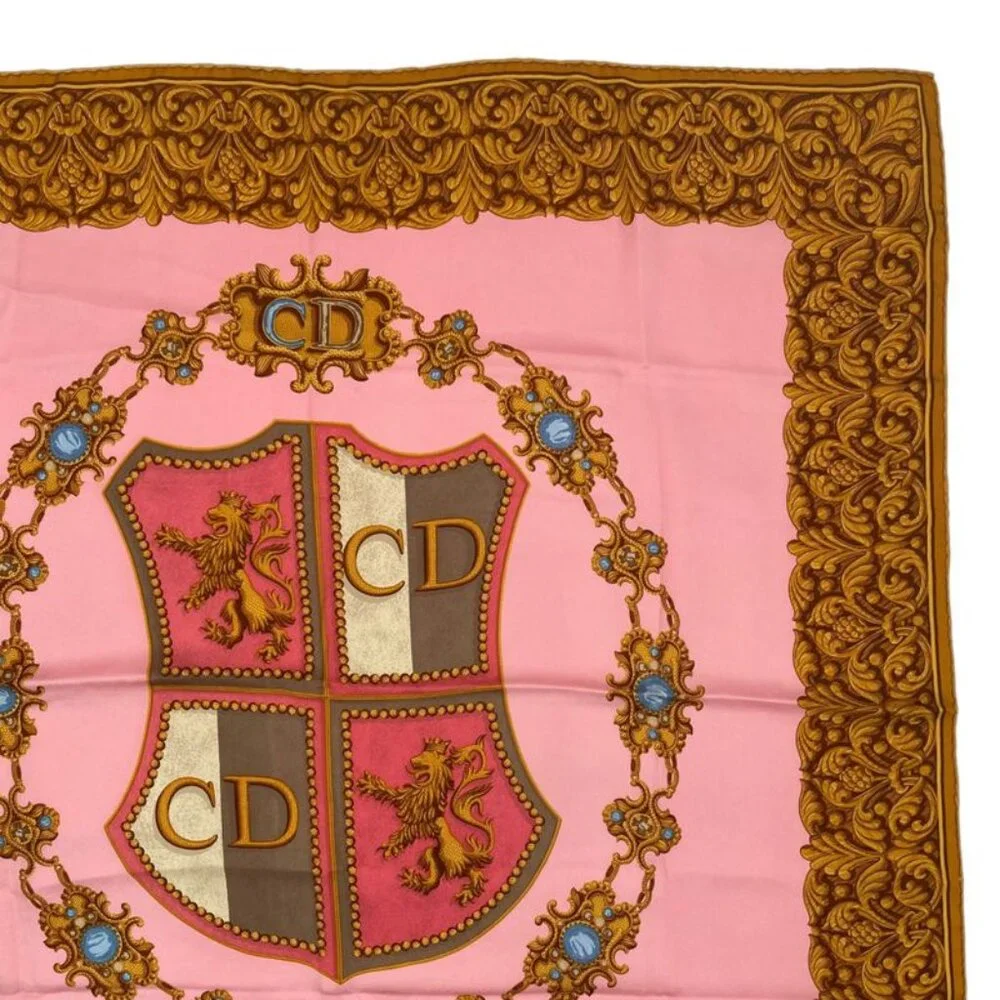 Dior Christian Scarf Silk Logo Emblem Pink Gold
